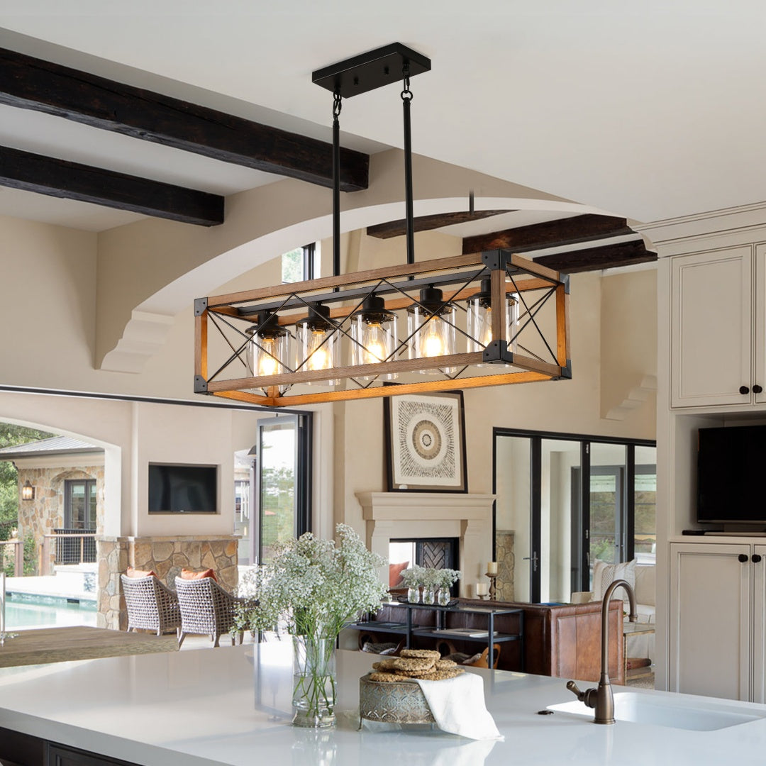 32in Walnut Industrial Farmhouse Rectangle Pendant Light, 5-Light Chandelier With Lampshades For Dining Room, Kitchen Island, Cafe Decor  No Bulbs