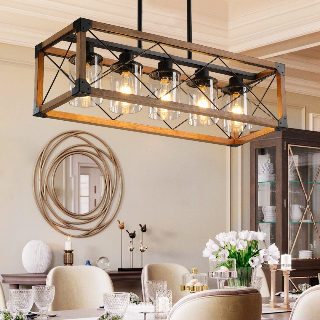 32in Walnut Industrial Farmhouse Rectangle Pendant Light, 5-Light Chandelier With Lampshades For Dining Room, Kitchen Island, Cafe Decor  No Bulbs