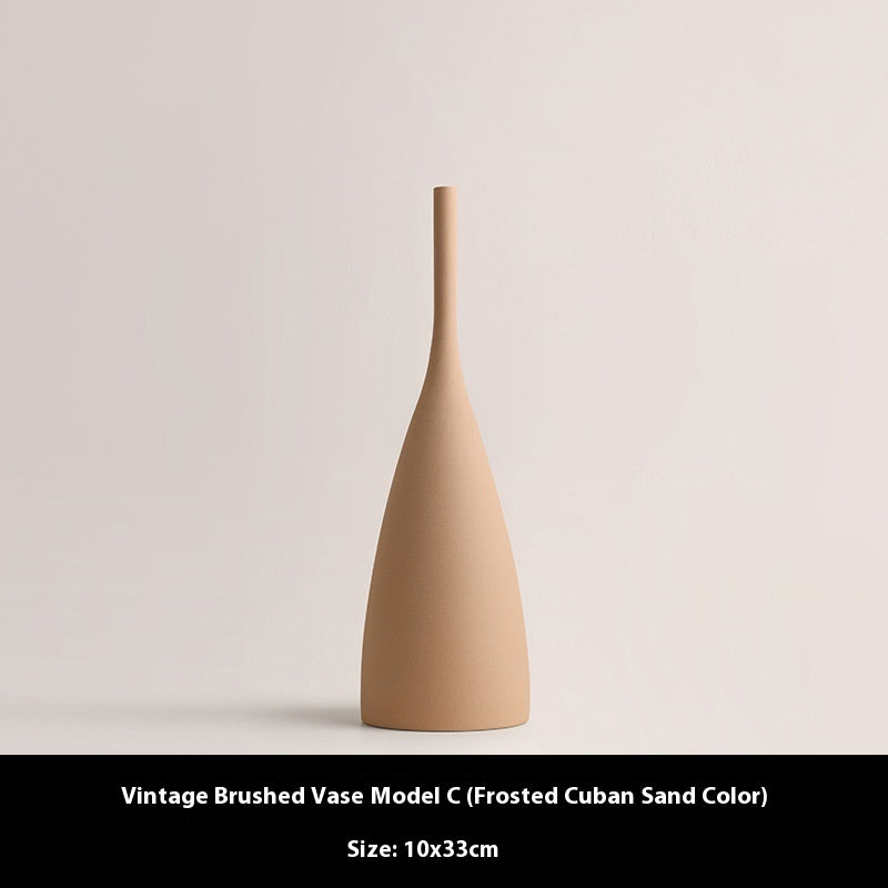 Vintage Brushed Texture Ceramic Color Dried Flower Vase Nordic Ornaments