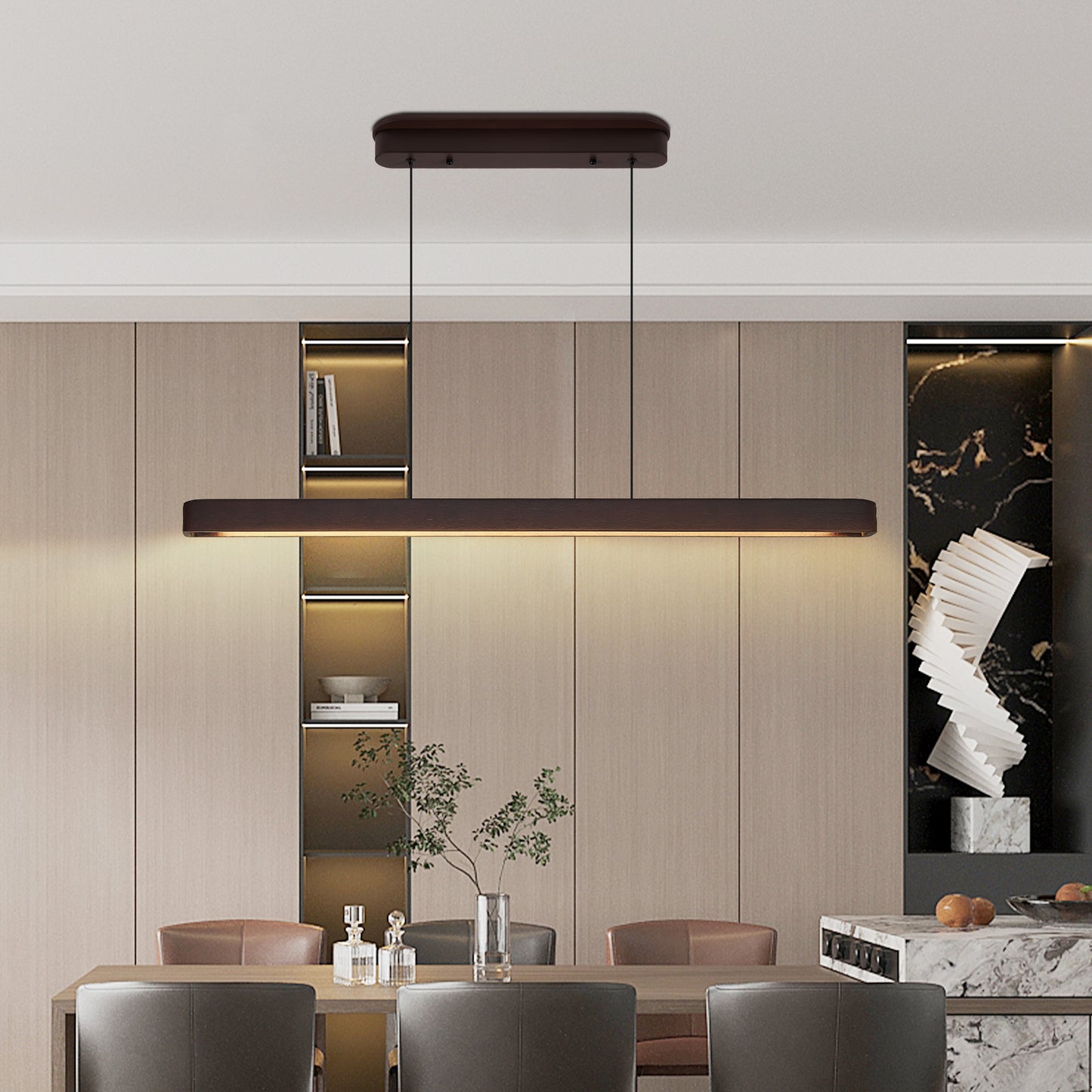 39-inch Walnut Wood Modern LED Pendant Light, Adjustable Hanging Light For Dining Room, Kitchen, Living Room  Sleek Walnut Color Finish