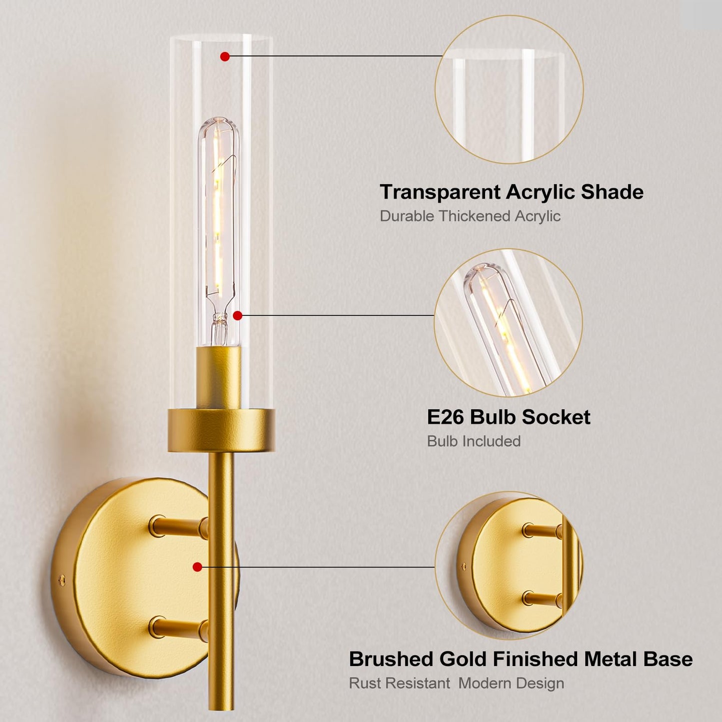 Close-up of gold wall sconce with clear glass shade and metal detail