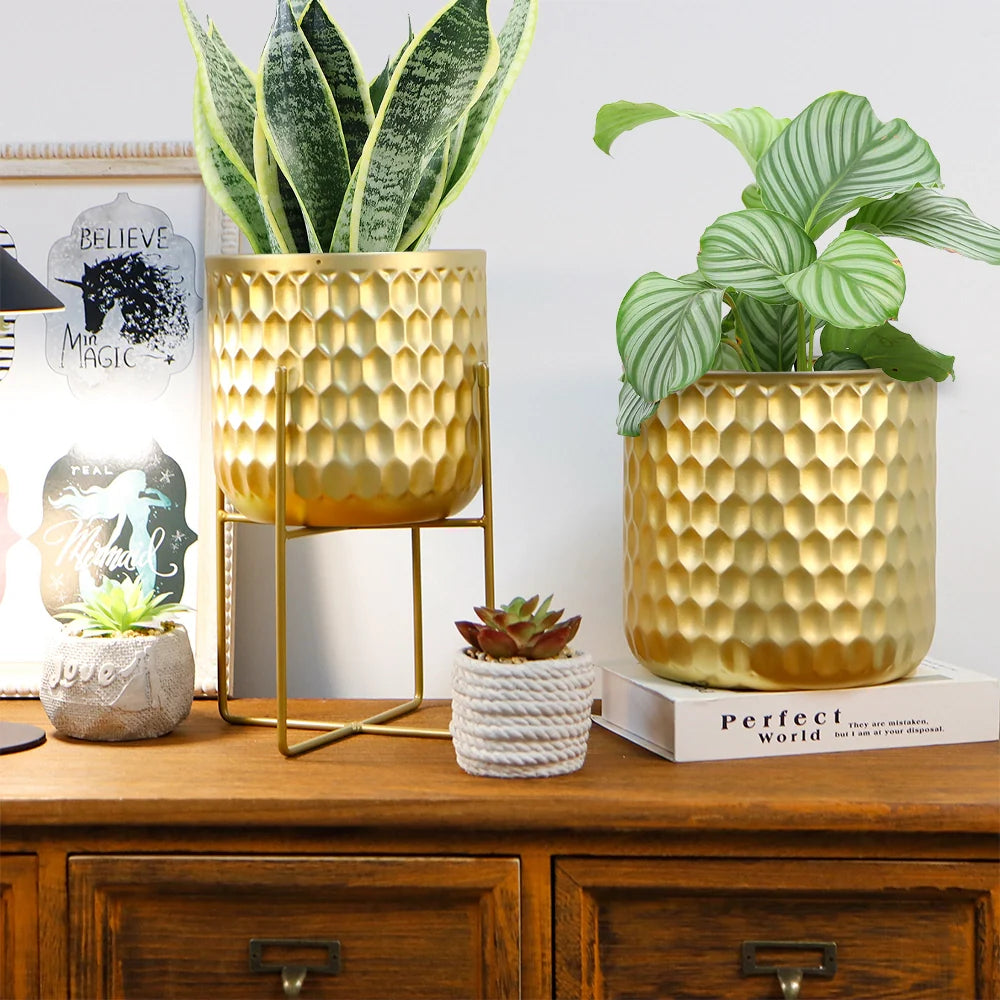 Golden Honeycomb Embossed Flowerpots Set of 2 - Luxury Home Decor