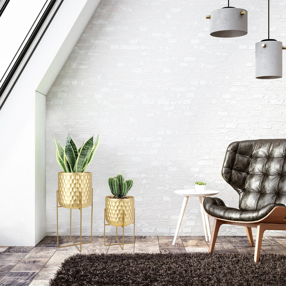 Golden Honeycomb Embossed Flowerpots Set of 2 - Luxury Home Decor