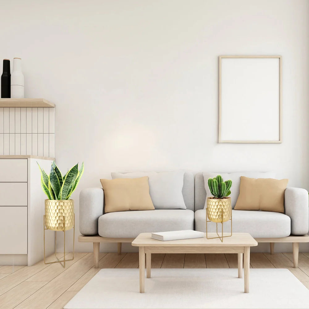 Golden Honeycomb Embossed Flowerpots Set of 2 - Luxury Home Decor