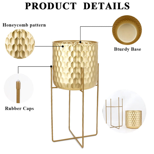 Golden Honeycomb Embossed Flowerpots Set of 2 - Luxury Home Decor
